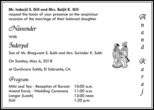 Sikh wedding invitation wording 4 - Parekh Cards